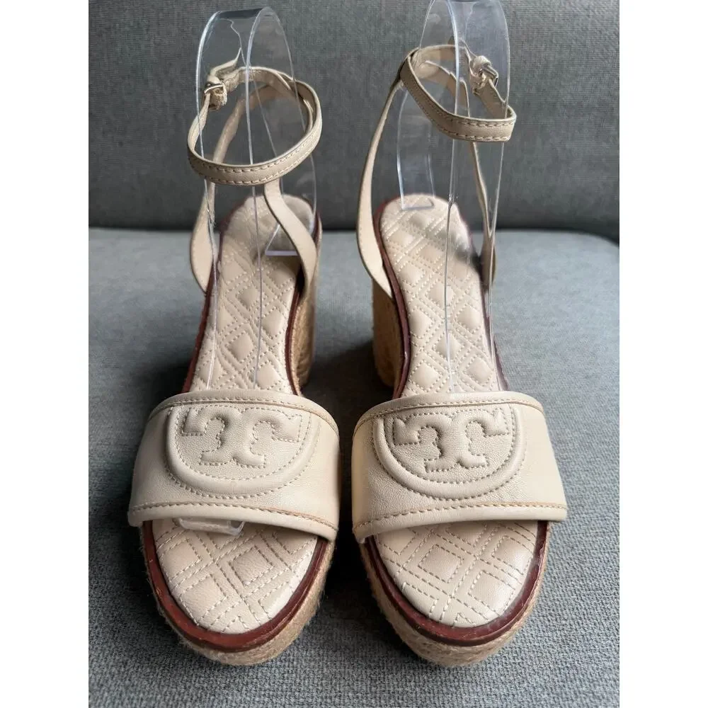 Tory Burch Fleming Nappa Leather Platform Espadrille Wedge Sandals Cream Sz 8.5